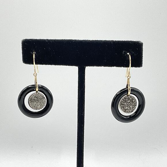 14k Gold Earrings Druzy Hemitate Black Onyx Dangle Hook 1.5” JCM Signed Dangle - Picture 2 of 10